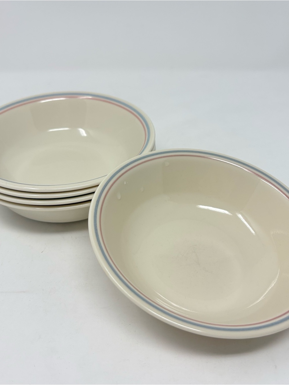5pc Corelle Corning English Breakfast Cereal Bowl 5.25” Cream w/Red Blue Striped